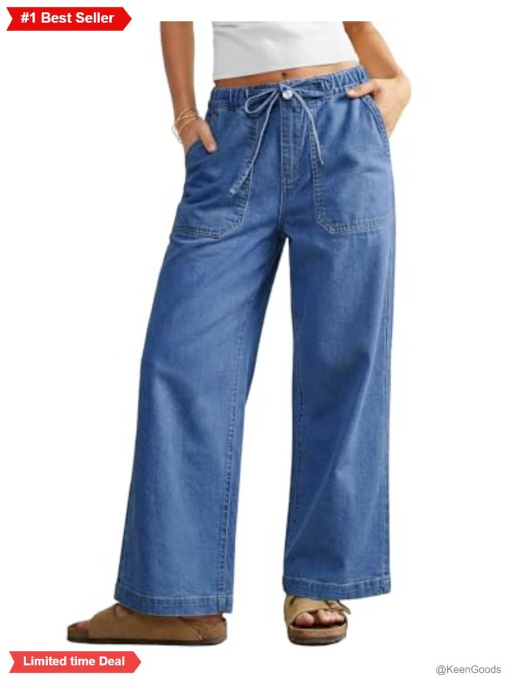High Waisted Wide Leg Stretch Denim Jeans Drawstring Tie Pants